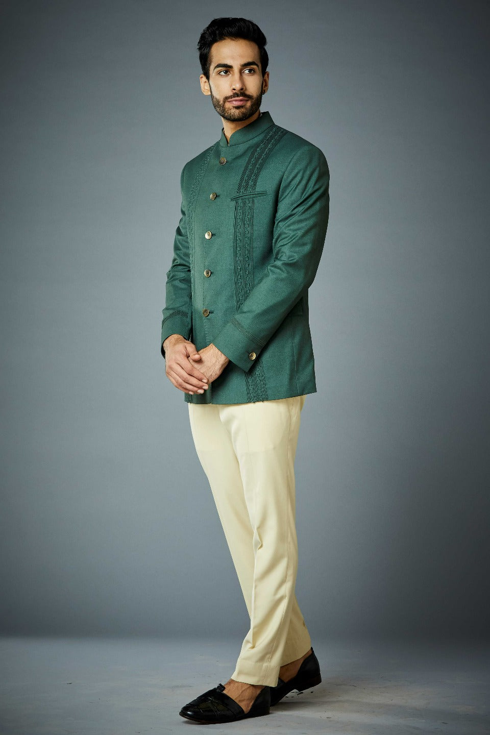 Spring Green Wool Jodhpuri Suit - Hangrr